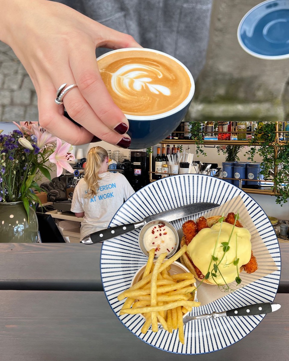 Kollage: latte i handen, personal i tröjan Hot person at work och fried chicken benny med pommes på randig tallrik